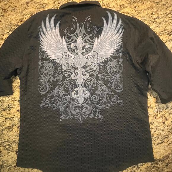 Vintage Patroncito Button Up Shirt Men XL All Black XXL Sleeve Gothic Y2K Cross - Picture 3 of 8